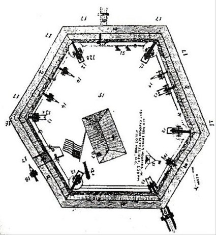 An overhead view of Fort Davidson. The earthen walls were 9-feet tall and 10-feet wide. A dry moat 9-feet deep made the walls extremely difficult to scale. A drawbridge at the SE corner was the only entrance to the fort.