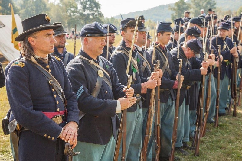 Union reenactors at the 2017 Battle of Pilot Knob. The full-scale reenactment is unique in that the number of reenactors is equal to the number of combatants in the historical battle.