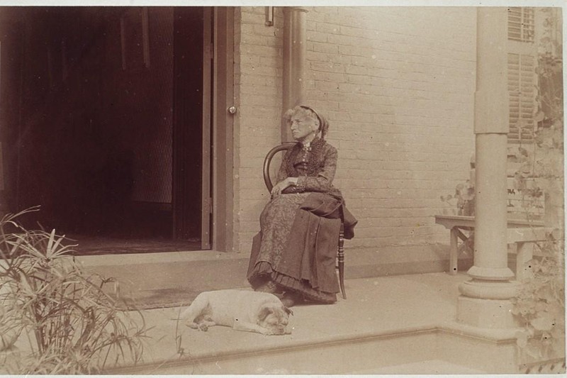 Harriet Beecher Stowe on the porch of Stowe House 