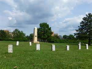 The marble obelisk near the center of the grounds is a monument to T. W. Barber, an Ohio abolitionist shot by pro-slavery men during the Wakarusa War in December 1855. Barber was memorialized by John Greenleaf Whittier in his poem, "Burial of Barber.