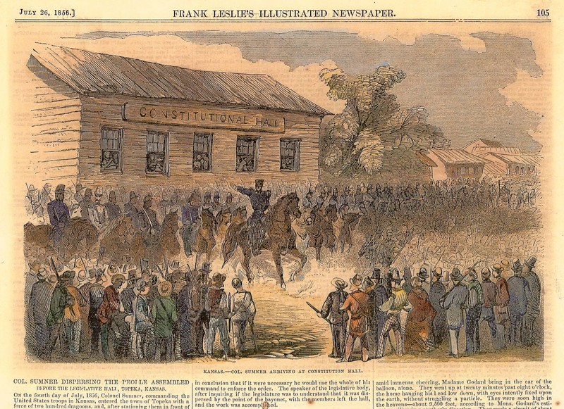 Federal troops surround Constitution Hall on July 4, 1856, and demand that supporters of the Free State legislature disperse. 