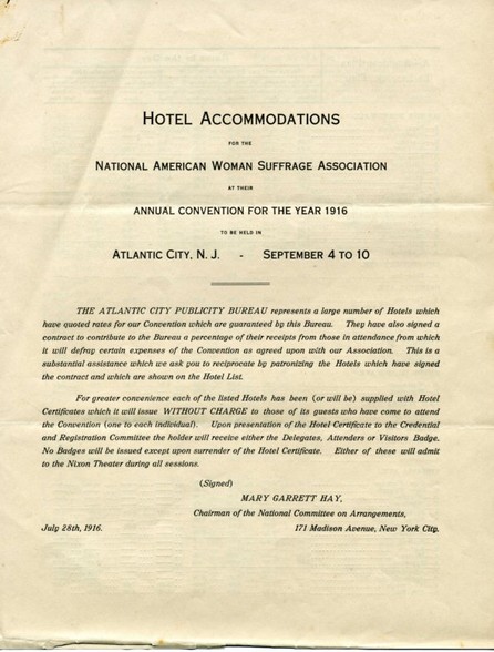 Pamphlet advertising hotel accommodations for 1916 NAWSA Suffragists Convention-for more information about this convention, click on "Women and the Vote in Atlantic City" below.