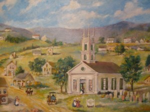 This painting shows the congregation's first church and its centrality to the origins of Middletown.