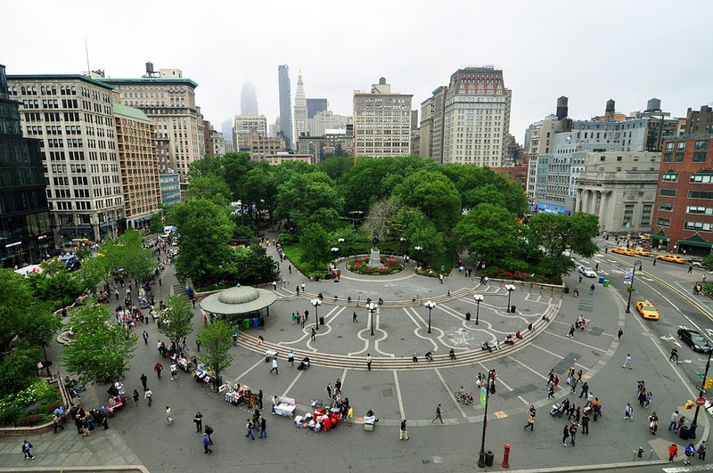 An aerial view of Union Square Park looking north from 14th Street