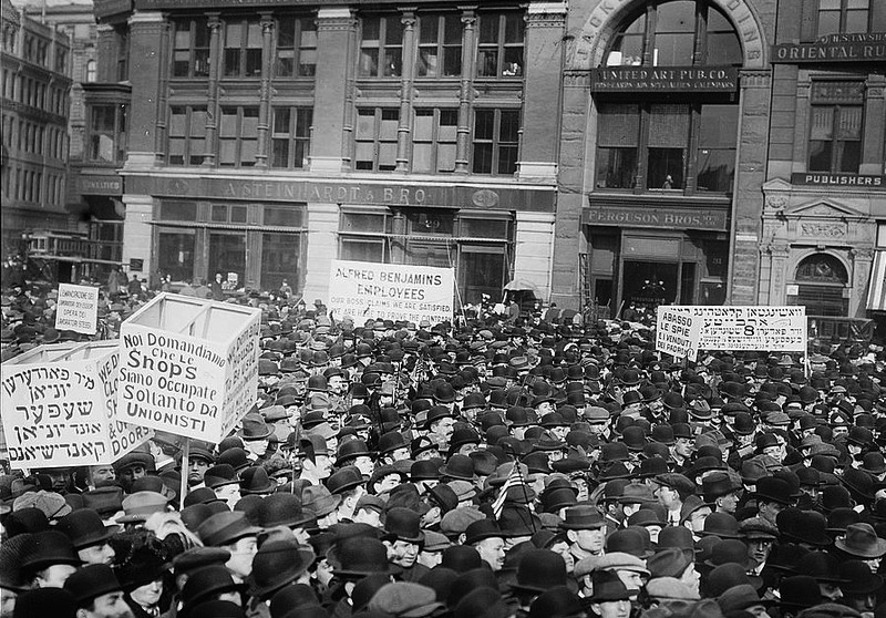 Striking workers and their supporters hold a protest in Union Square Park calling for better working conditions on May 1, 1913