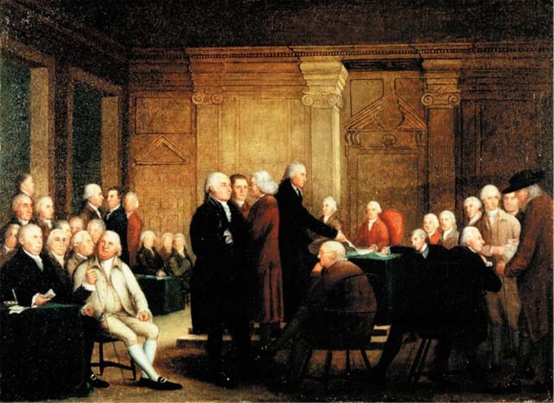 This painting, entitled The Congress Voting Independence, circa 1780s-1790s, was used as a reference for restoring the Assembly Room to its early American appearance. Courtesy of ExplorePAHistory and Atwater Kent Museum.