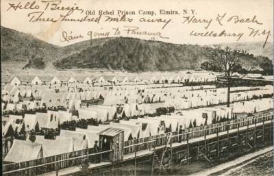 A picture depicting the Elmira prison camp taken during the Civil War. 