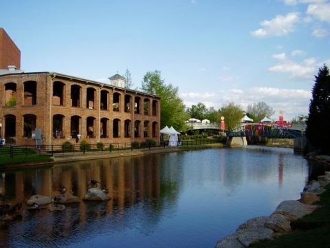 A modern look at the former Industrial factory from another angle across the Reedy River. 