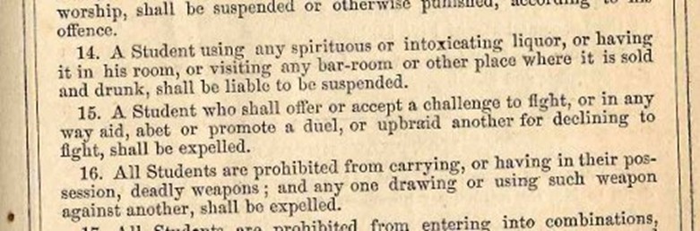A selection from the 1869 University Catalogue that highlights the University's strict rule against fist fighting. 