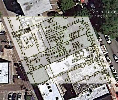 Russell Lewis took combined a satellite image of the street and created this map the historic structures using information from the 1935 Sanborn Fire Atlas.