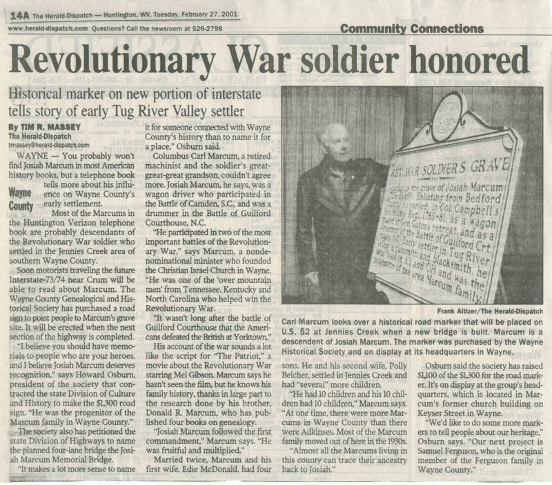 2001 newspaper article about Marcum and the commissioning of the Historical marker.