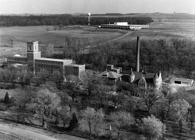 St. Mary's Springs Academy campus showing Boyle Hall and St. Agnes Hall on the right, the main building on the left, and in the background, Nazareth Heights- the sisters' infirmary.