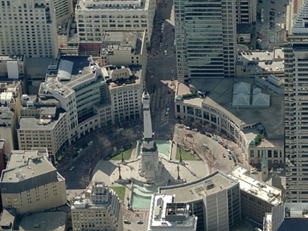 An overhead shot of Monument Circle with Circle Tower at the lower left.  