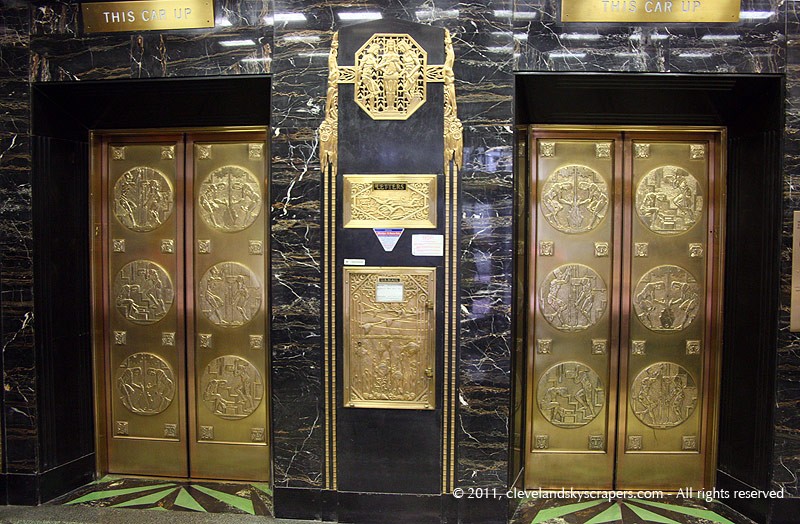 The art deco architecture of Circle Tower is readily apparent when looking at its ornate elevator station in its main lobby.