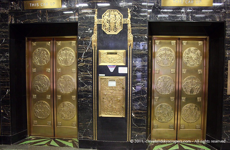 The art deco architecture of Circle Tower is readily apparent when looking at its ornate elevator station in its main lobby.  