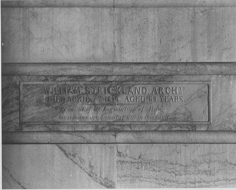 Here is the burial marker of William Strickland within the Capitol. Courtesy of Dept. of Conservation Photograph Collection at tnsos.org