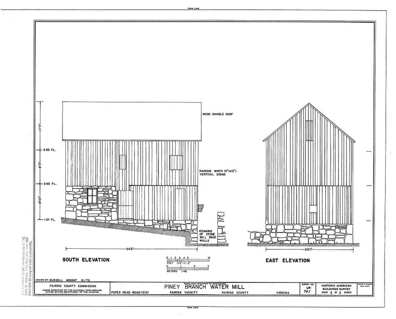 HABS Drawing, S & E Elevations, Piney Branch Water Mill, 1970