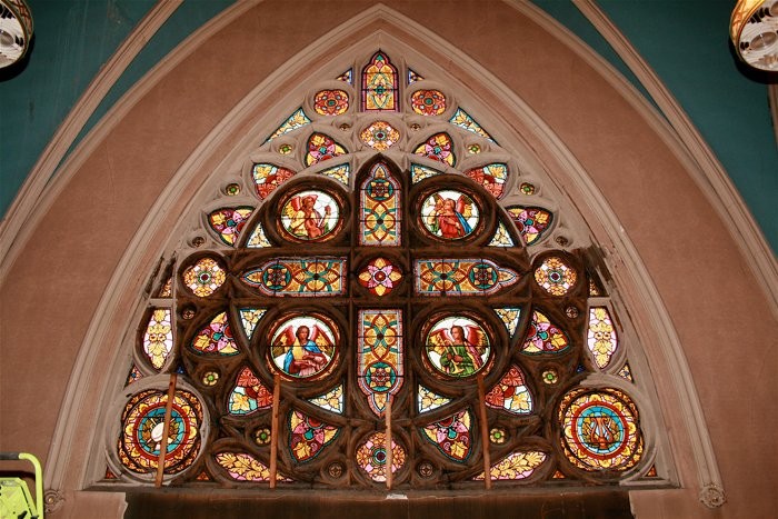 One of the stained glass windows at the Maine Irish Heritage Center