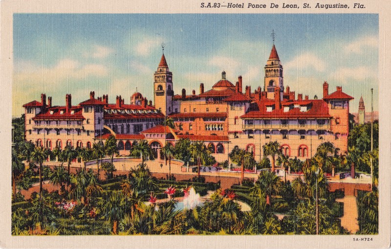 A historic postcard of the resort from the early 20th century. Flagler built this and other hotels along his Florida East Coast Railway which accelerated tourism and commercial development throughout the state.