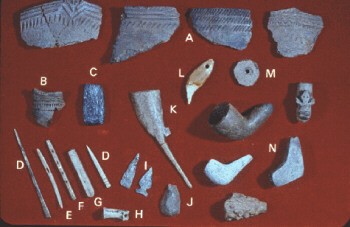 A collection of Adena artifacts including pottery sherds, bone tools, a bone flute, pendants, pipes, and arrowheads.