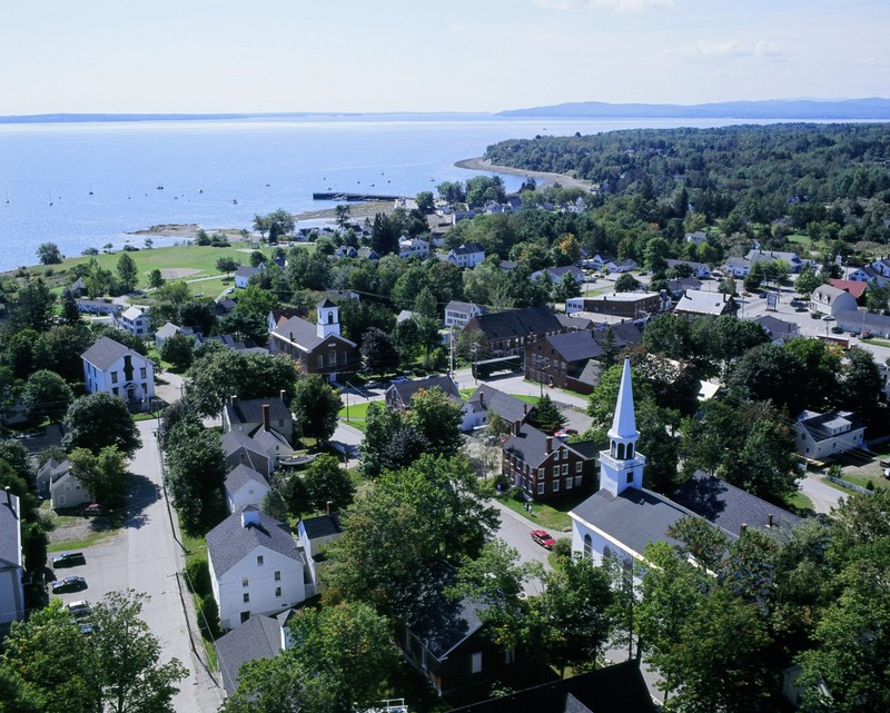 Aerial image of Penobscot Marine Museum nestled in the seaside town of Searsport.