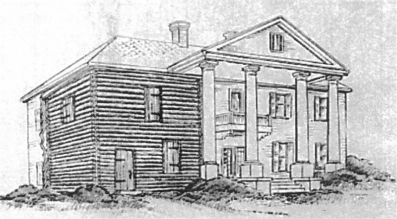 The Andrew Ross Home, courtesy of The Landmarks Society of DeKalb County, Inc. This sketched illustration of the home shows how the logs used in its construction are still in the existing walls, built by the Cherokee leader and his wife.