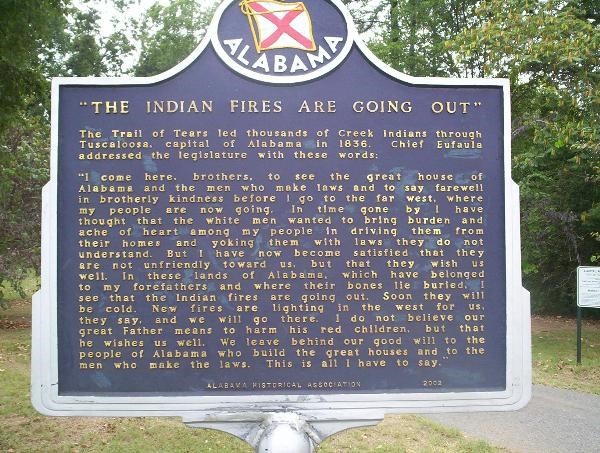 Trail of Tears marker in Tuscaloosa, Alabama. Courtesy of Waymarking.com. http://www.waymarking.com/waymarks/WM230D_Trail_of_Tears_Historic_Marker_Tuscaloosa_Alabama