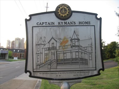 This historic marker shows a rough sketch of what Ryman's home looked like