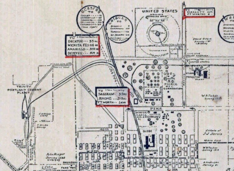 Greater Fort Worth City Map for 1925 showing helium plant and mooring station off Blue Mound and Mecham Blvd