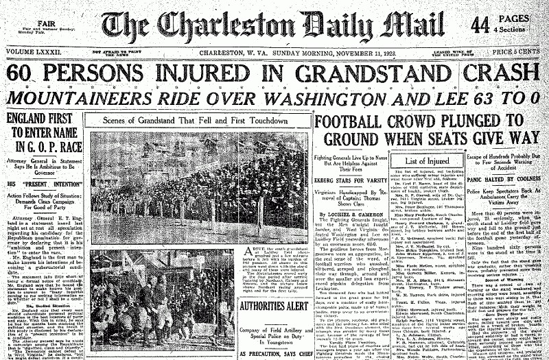 Nov. 11, 1923 - The grandstand collapse makes front page news of the Charleston Daily Mail. Photo courtesy of MyWVHome.