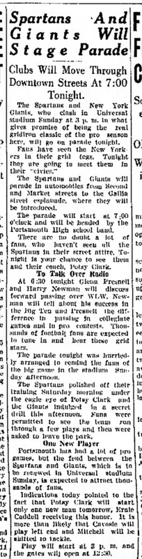 A Portsmouth Daily Times announcement of a parade which may be connected to the game film attached in this entry. Dated September 23, 1933.