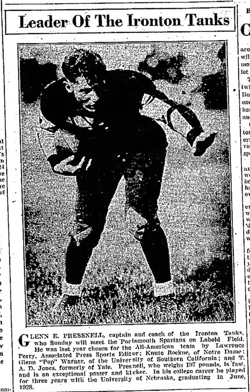 Tanks player Glen Pressnell, Portsmouth Daily Times, October 19, 1928