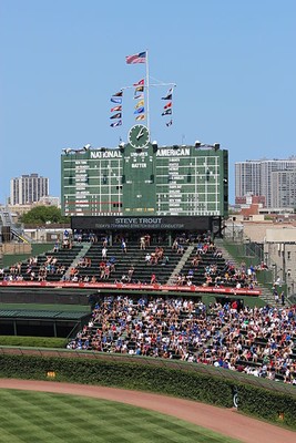The famous outfield bleachers and scoreboard at Wrigley Field.