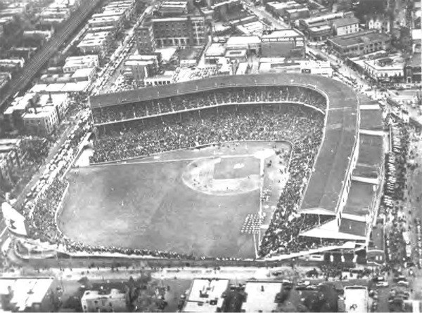 Aerial view of Wrigley Field after completion of the outfield renovations in 1937.