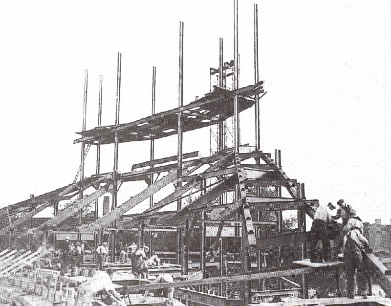 Construction of the famous outfield bleachers and scoreboard in 1937.