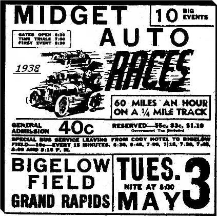 Ad for midget car racing at Bigelow Field.