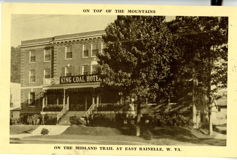 Early image of the King Coal Hotel. The hotel was damaged in a fire in 1929 but remained a central part of the town during its years as a lumber town. 