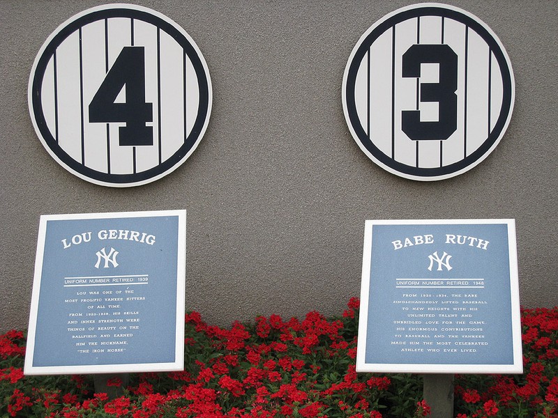 Lou Gehrig and Babe Ruth's retired jersey numbers at Monument Park. 