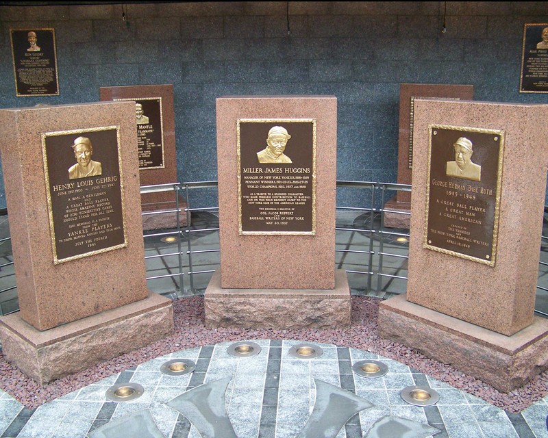 Monuments dedicated to Lou Gehrig, Babe Ruth, and Manager Miller James Huggins at Monument Park.