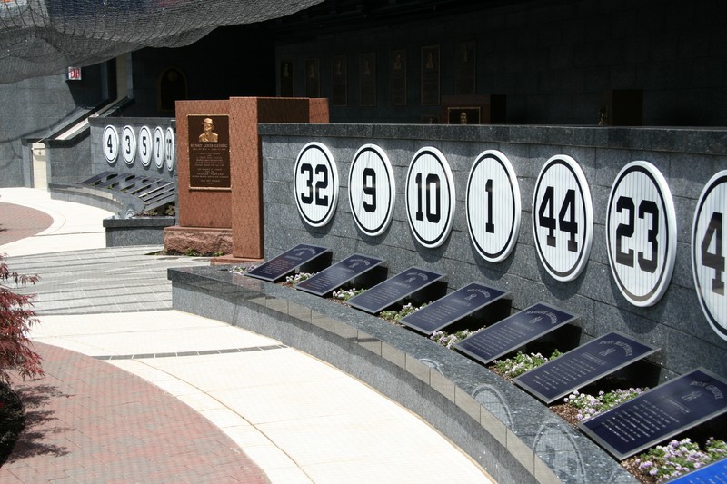 Some of the retired jersey numbers at Monument Park.