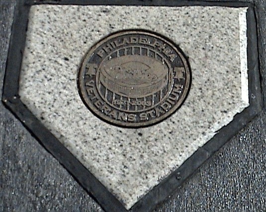 Home plate at Veterans Stadium, home to the Philadelphia Phillies for thirty-three seasons, is remembered with this granite and bronze marker in the parking lot near Citizens Bank Park. 