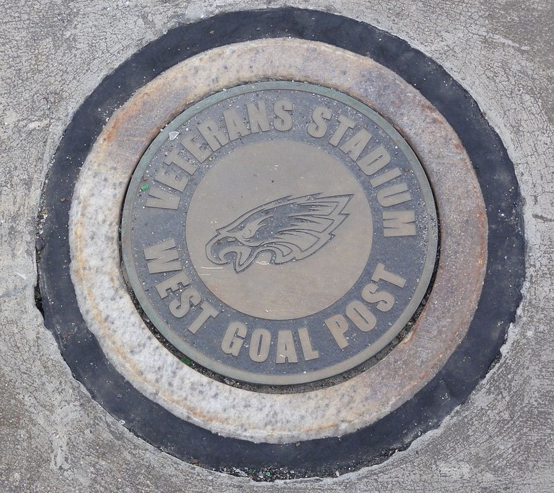 Veterans Stadium's goalpost, used by the Philadelphia Eagles for thirty-two seasons, is marked in the Citizens Bank Park parking lot