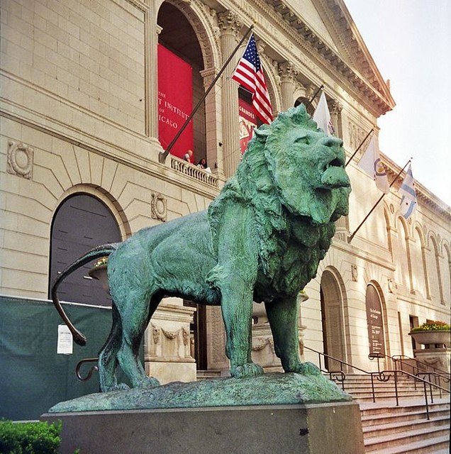 The Art Institute's famous western entrance on Michigan Avenue, guarded by two bronze lion statues created by Edward Kemeys.