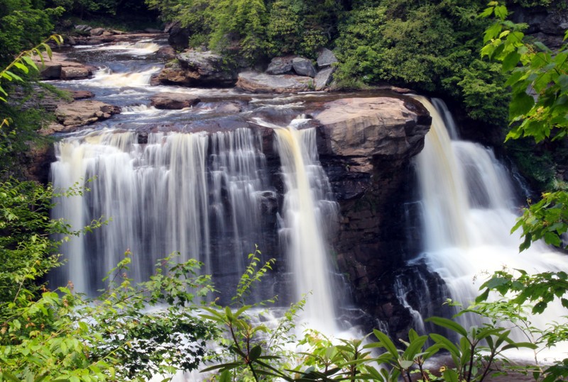 Blackwater Falls in the summertime. The foliage is very green and vibrant and the Blackish color to the water is noticeable.