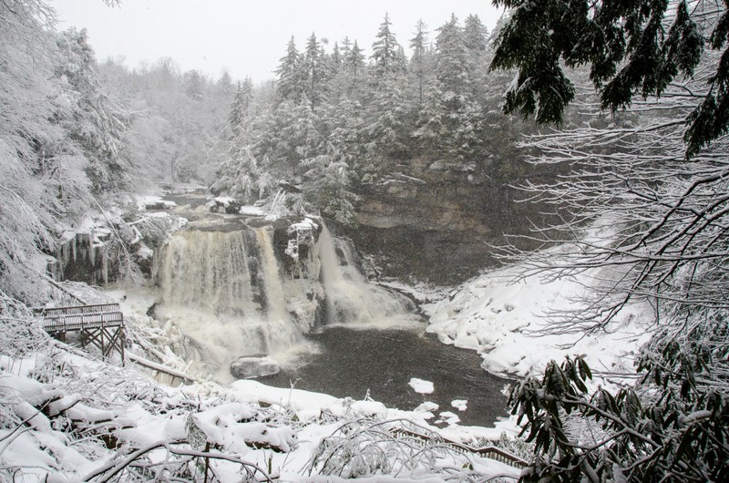 Blackwater Falls in the winter. The water partially freezes in the falls creating a beautiful effect. 