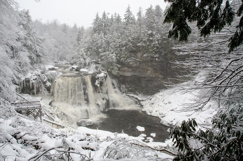 Blackwater Falls in the winter. The water partially freezes in the falls creating a beautiful effect.