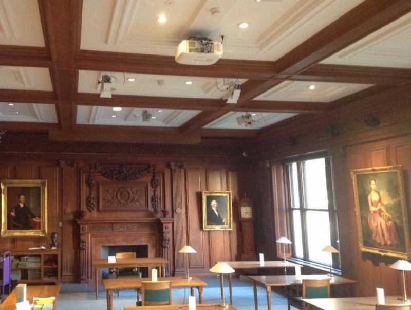 Ellis Hall reading room, the Society's primary lecture space. This room was named after former Society president George E. Ellis. This is also the room in which documents can be brought out and examined. (Photo by Peter Vanderwarker, 2001)