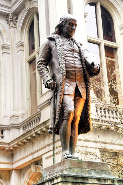 Statue of Benjamin Franklin, who was born in Boston and attended the Latin School, this first formal school in America. The Latin School was located at this exact location between 1704 and 1748.