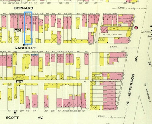 The block where Josephine Baker and her family lived in Mill Creek Valley is outlined in blue. 