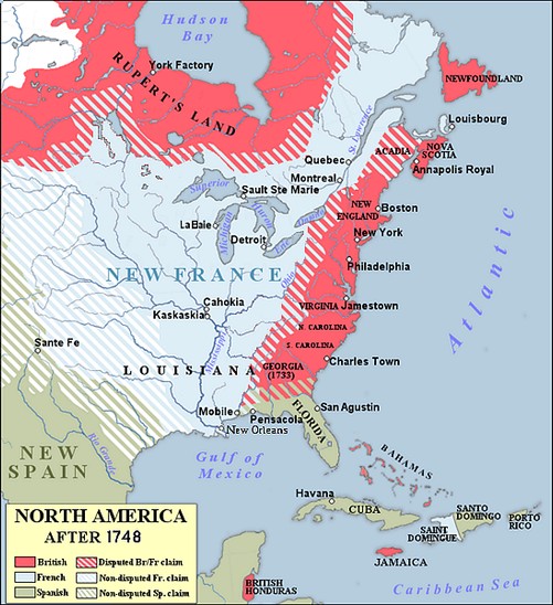 Pre-French & Indian War map of North America showing disputed area.